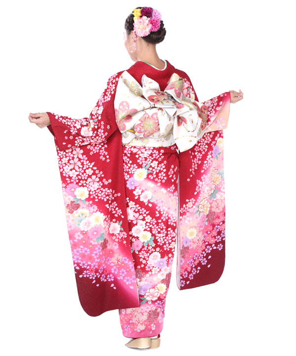 振袖レンタル｜赤に小柄桜菊｜F0152｜L｜宅配着物レンタル・一式