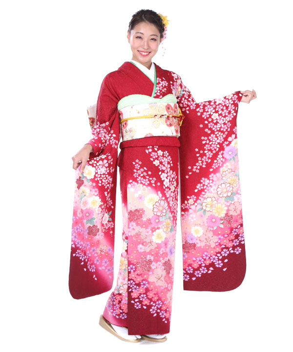 赤地 振袖 小柄サイズ 裾模様 桜蝶 流水 正絹 赤地 振袖 小柄サイズ 裾模様 桜蝶 流水 正絹