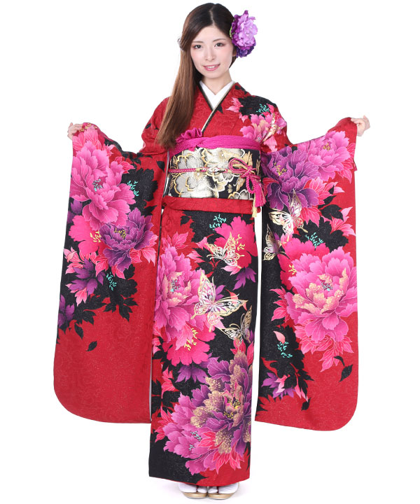振袖レンタル｜赤に蝶牡丹｜F0167｜LL｜宅配着物レンタル・一式フル