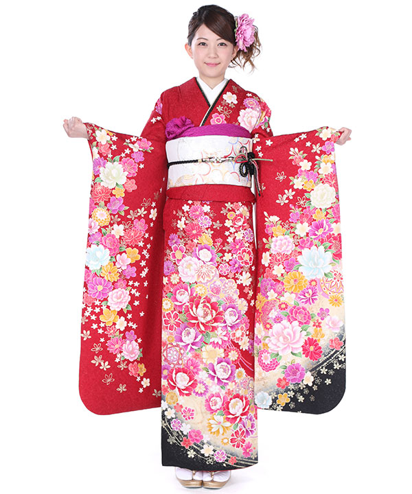 Ichimanya⚫︎中古着物⚫︎振袖(中振袖)⚫︎赤系⚫︎美品 振袖 振袖セット USED振袖 赤 古典柄 流水 鞠 7点フルセット