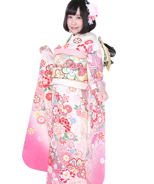 振-41 振袖単品　洗える振袖　白地に桜とまり　未使用品 振袖レンタル｜白に桜鞠｜F0188｜S｜宅配着物レンタル・一式フル