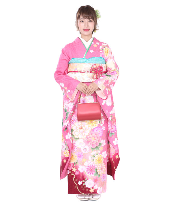 振袖レンタル｜ピンクに鞠菊牡丹桜｜F0208LL｜宅配着物レンタル・一式
