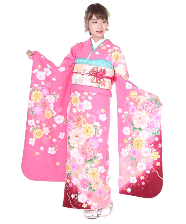 振袖レンタル｜ピンクに鞠菊牡丹桜｜F0208LL｜宅配着物レンタル・一式