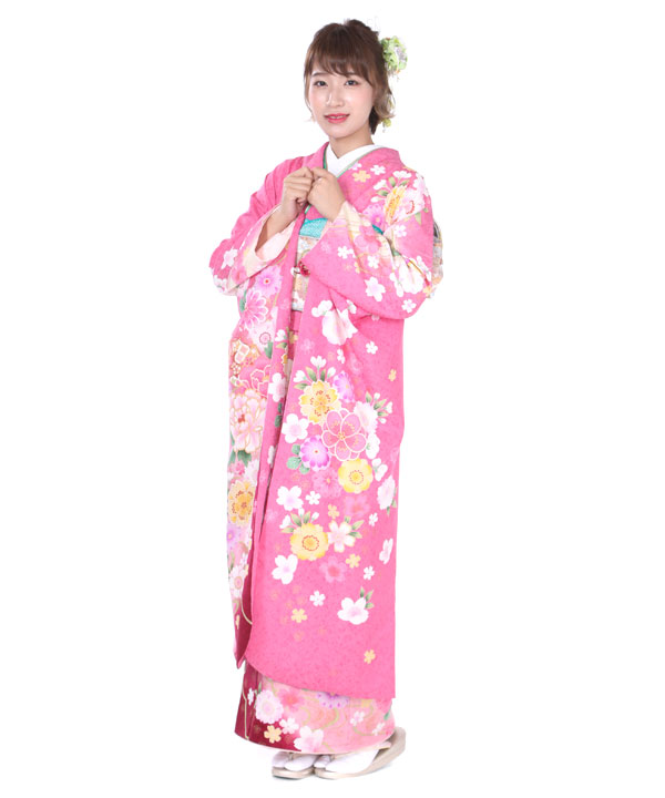 振袖レンタル｜ピンクに鞠菊牡丹桜｜F0208LL｜宅配着物レンタル・一式