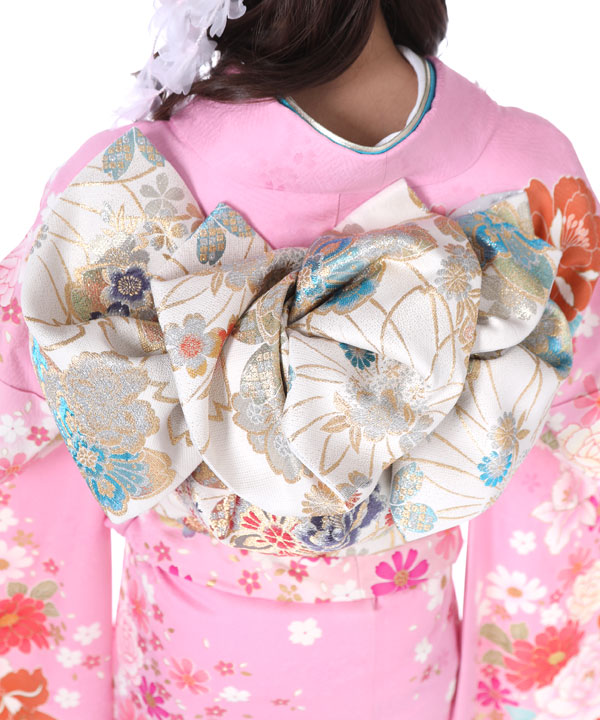 振袖フルセット(7点)・古典柄・正絹・ピンク・牡丹・舞蝶・花弁・落款有 振袖レンタル｜ピンクに牡丹薔薇蝶｜F0228｜M｜宅配着物レンタル