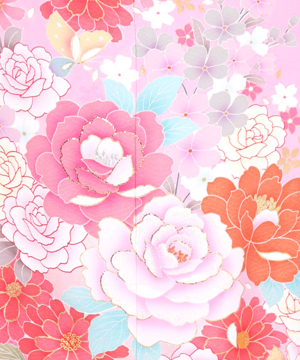 振袖レンタル｜ピンクに牡丹薔薇蝶｜F0228｜M｜宅配着物レンタル
