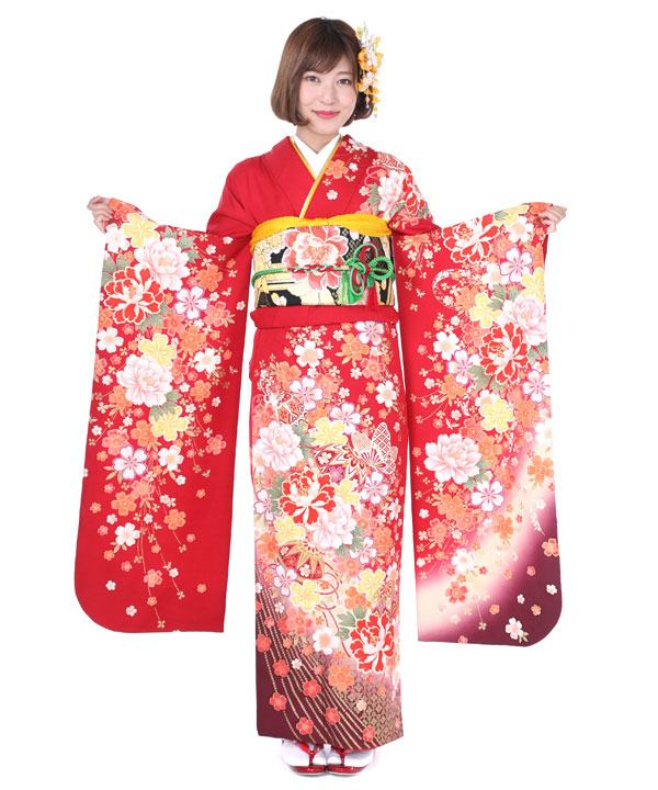 美品　赤地　牡丹　染め分け　逸品　ぼかし　蝶袋帯　フルセット　振袖　振り袖 美品 赤地 牡丹 染め分け 逸品 ぼかし 蝶袋帯 フルセット 振袖