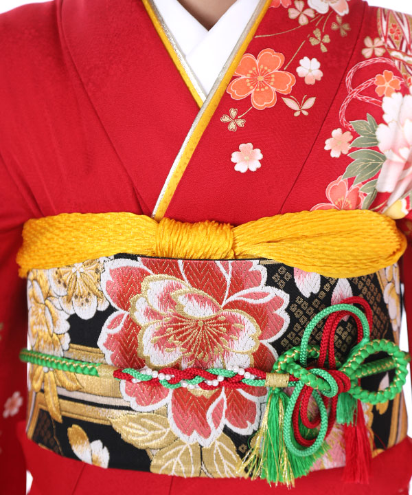 振袖フルセット 赤系 エンボス総絞り 牡丹や藤 桜 梅 菊鞠 金彩 正絹 成人式 r779-f-6.jpg