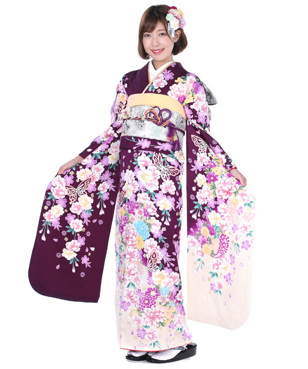 振袖レンタル｜紫にぼかし花蝶｜F0236｜LL｜宅配着物レンタル