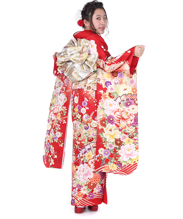 振袖レンタル｜赤に扇花籠菊牡丹｜F0245｜SS｜宅配着物レンタル