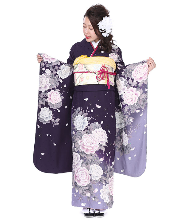 振袖レンタル｜深紫ぼかしドット薔薇｜F0250｜M｜宅配着物