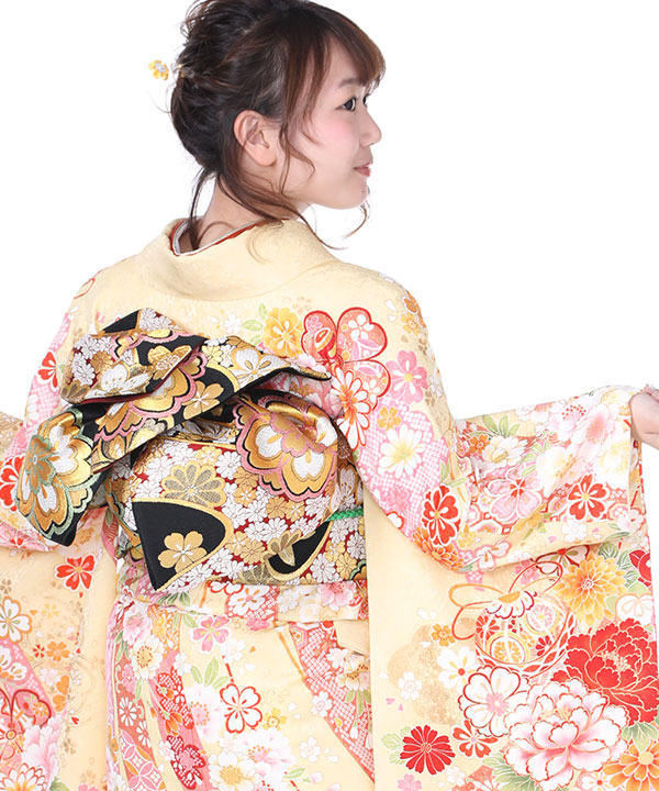 振袖レンタル｜薄黄色に鞠熨斗牡丹｜F0251｜M｜宅配着物レンタル・一式