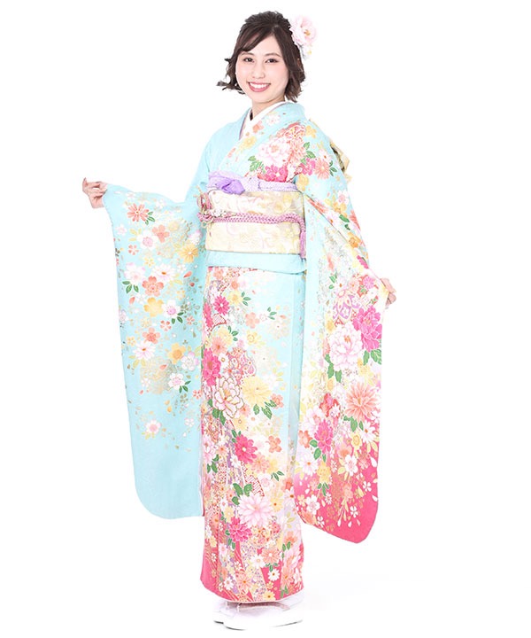 振袖レンタル｜水色地に牡丹束ね熨斗に雪輪取り｜F0280｜S｜宅配