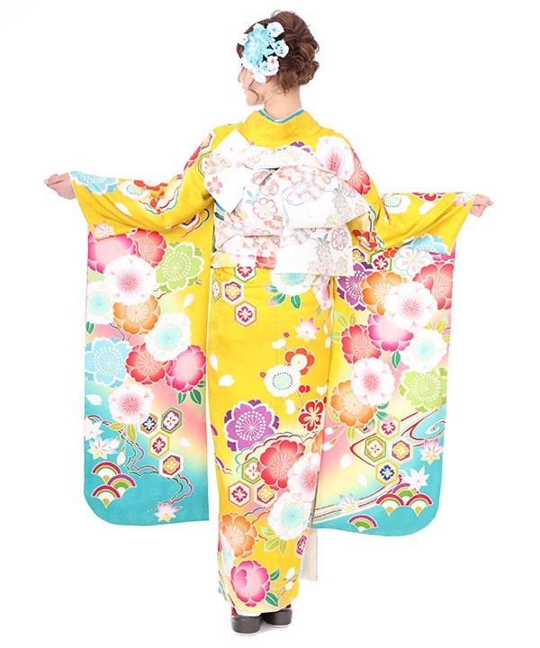 Lサイズ　165cm　山吹色　花も尿　正絹お振袖　k564 Lサイズ165cm山吹色花も尿正絹お振袖k564