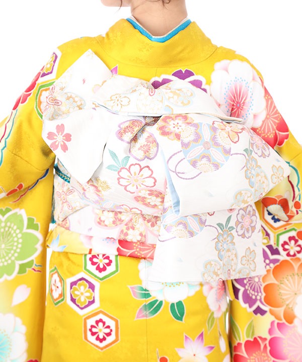 振袖レンタル｜黄色地に八重桜と亀甲花文｜F0282｜LL｜宅配着物