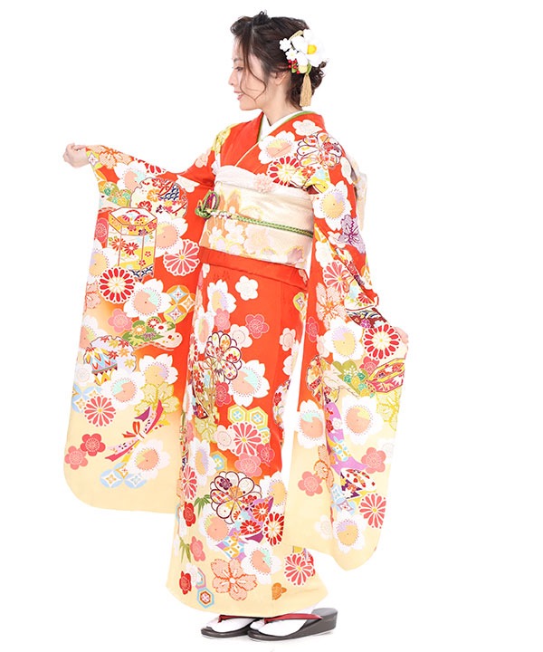 振袖レンタル｜オレンジ地に吉祥文様｜F0291｜S｜宅配着物レンタル