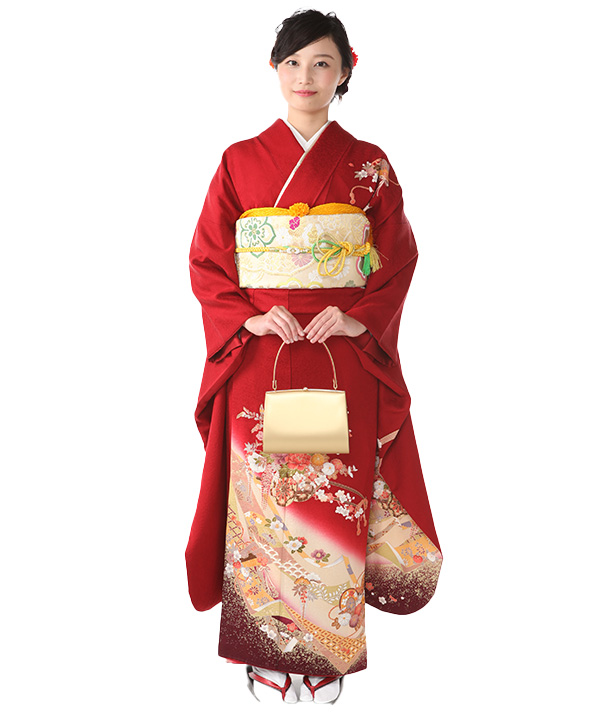 振袖 2月〜12月使用 振袖 レンタル 朱赤色 花車 NT-111 送料無料 振袖レンタル｜赤の花車｜F0350｜M｜宅配着物レンタル・一式フルセット