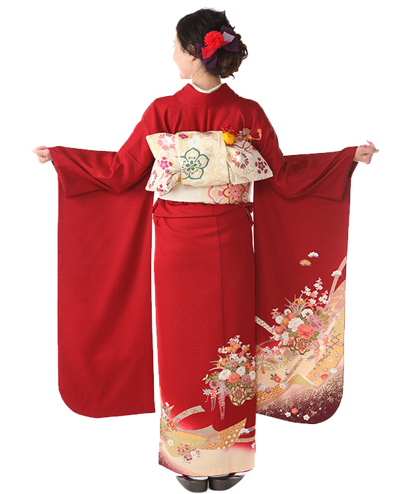 【未使用美品】お色直し振袖　臙脂　花車　正絹　赤 振袖レンタル｜赤の花車｜F0350｜M｜宅配着物レンタル・一式フル