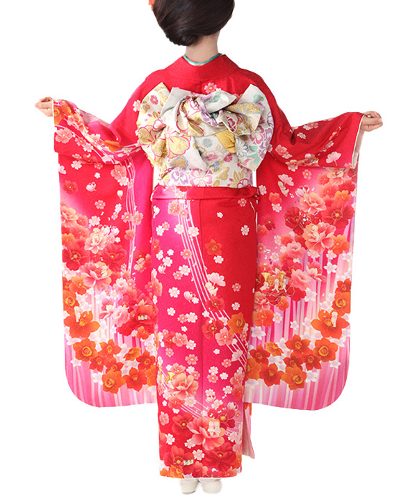 振袖レンタル｜赤ピンクに八重桜と天使｜F0352｜M｜宅配着物レンタル