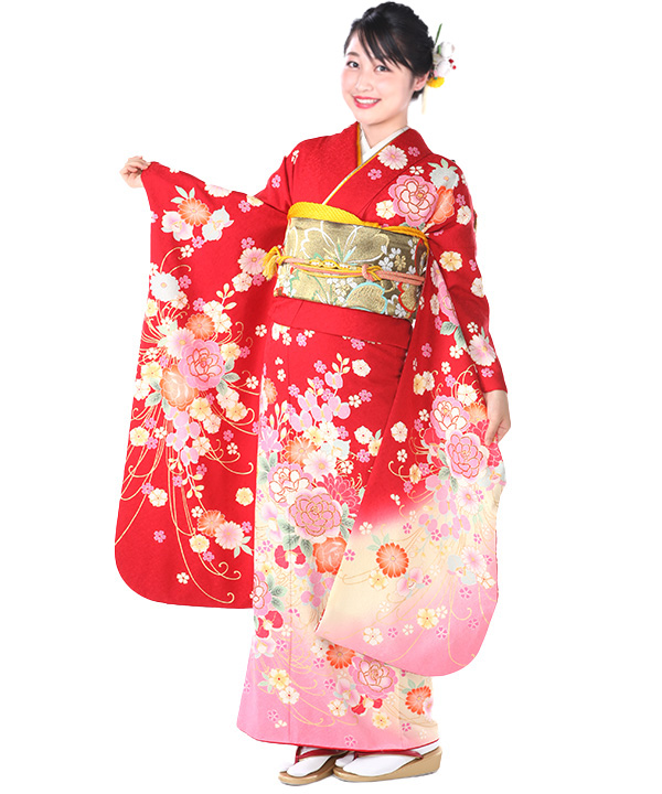 振袖レンタル｜赤に花束｜F0358｜M｜宅配着物レンタル・一式フルセット