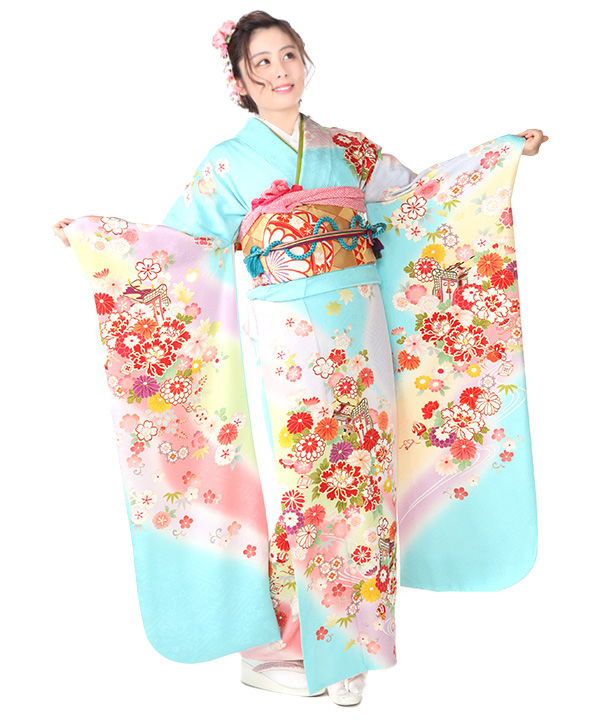 振袖レンタル｜水色にぼかし花車｜F0364｜LL｜宅配着物レンタル