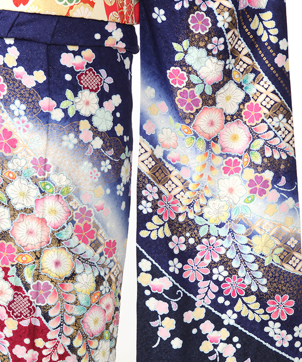 振袖レンタル｜紺に辻が花と熨斗｜F0367｜L｜宅配着物レンタル・一式