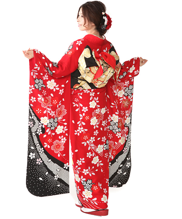 ポリエステル振袖14 Lサイズ 2/28までの出品 f0523366】【黒系】振袖 販売 フルセット Mサイズ 【中古