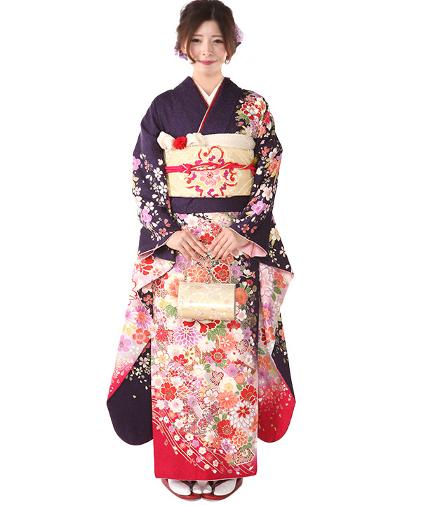 振袖仕立て上り　紫色に束熨斗と花模様　新品未使用　化繊100% 振袖仕立て上り 紫色に束熨斗と花模様 新品未使用 化繊100%