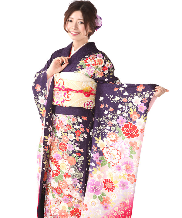 紫色の振袖、花柄帯付き ナナイロキモノWEBショップ / 成人式振袖レンタルフルセット