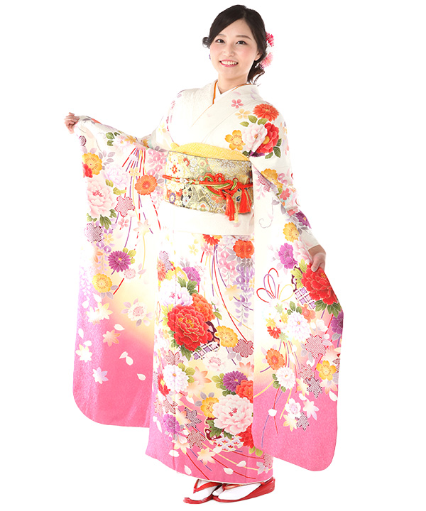 振袖レンタル｜白と桃の園｜F0389｜L｜宅配着物レンタル・一式