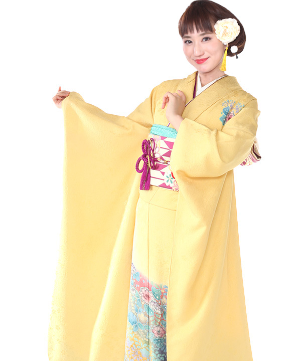【京かんざし】○FU835○振袖10枚！着用可多数！帯2枚付！辻ヶ花・京紅型・豪華金駒刺繍・総絞り・牡丹・扇○正絹○即決送料無料 振袖レンタル｜黄色に辻が花｜F0392｜L｜宅配着物レンタル・一式フル