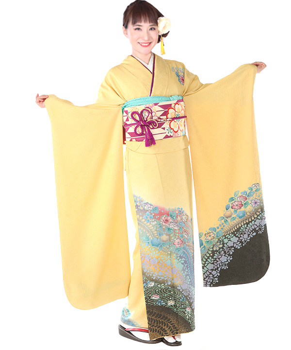 正絹　振袖　セット　辻ヶ花 振袖レンタル｜黄色に辻が花｜F0392｜L｜宅配着物レンタル・一式フル
