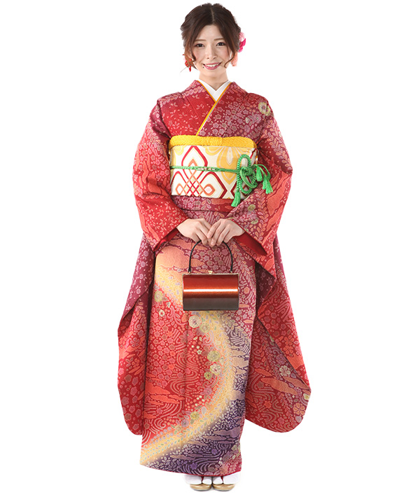 振袖レンタル｜深い赤ぼかしの辻が花｜F0394｜3L｜宅配着物レンタル