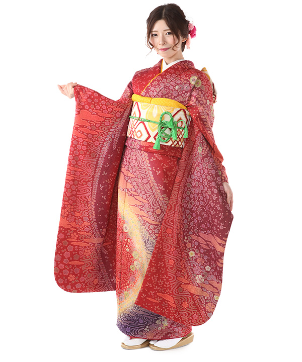 洗える　振袖　花紋ボカシ　オレンジ赤 洗える 振袖 花紋ボカシ オレンジ赤 赤地に熨斗目と和花柄振袖