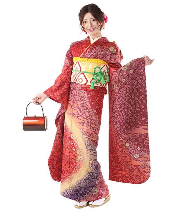 振袖レンタル｜深い赤ぼかしの辻が花｜F0394｜3L｜宅配着物レンタル