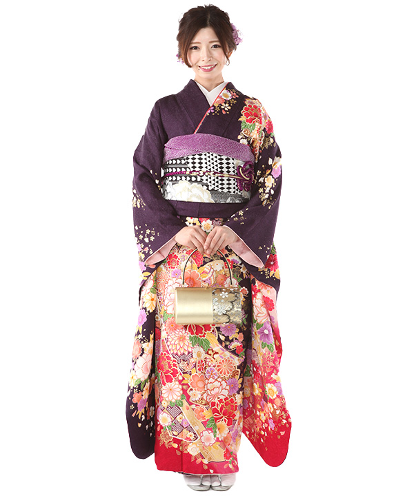 振袖レンタル｜深紫に熨斗桜｜F0395｜3L｜宅配着物レンタル・一式フル