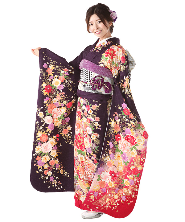 振袖レンタル｜深紫に熨斗桜｜F0395｜3L｜宅配着物レンタル・一式フル