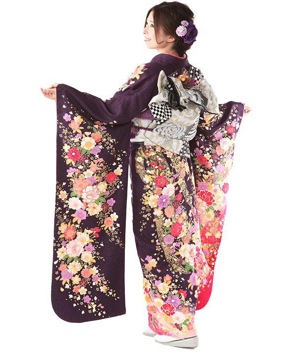 振袖レンタル｜深紫に熨斗桜｜F0395｜3L｜宅配着物レンタル・一式フル