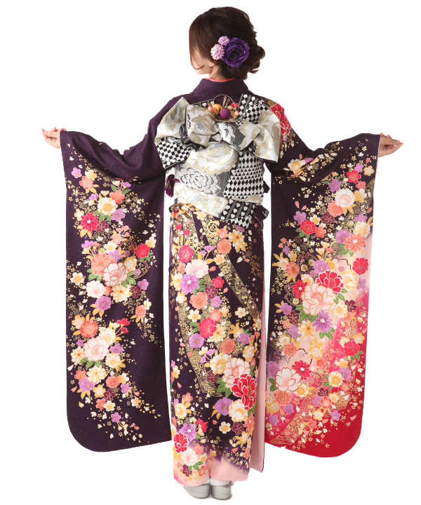 振袖レンタル｜深紫に熨斗桜｜F0395｜3L｜宅配着物レンタル・一式フル