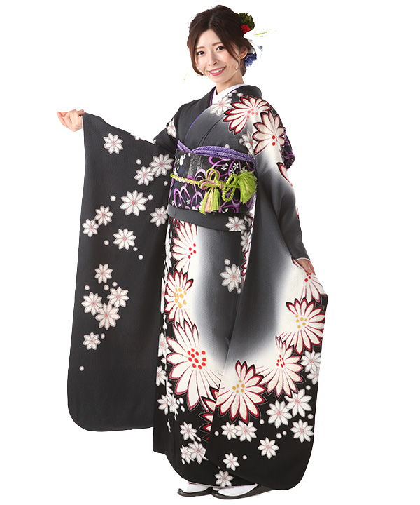 振袖レンタル｜墨菊づくし｜F0397｜LL｜宅配着物レンタル・一式フル