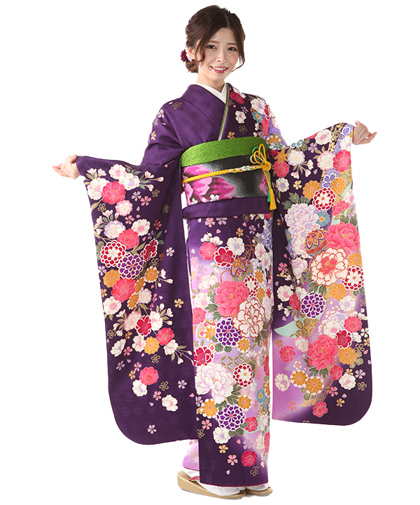 振袖レンタル｜深紫に牡丹菊桜｜F0404｜3L｜宅配着物レンタル