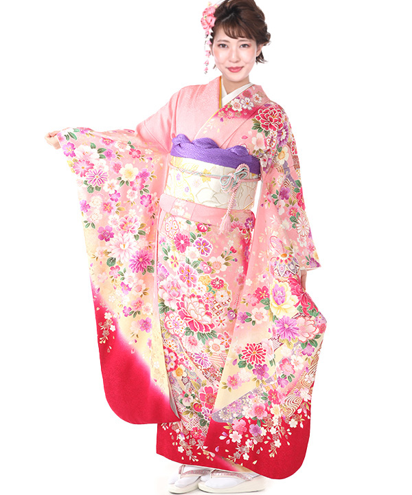 振袖レンタル｜ピンクの熨斗桜｜F0411｜L｜宅配着物レンタル・一式フル
