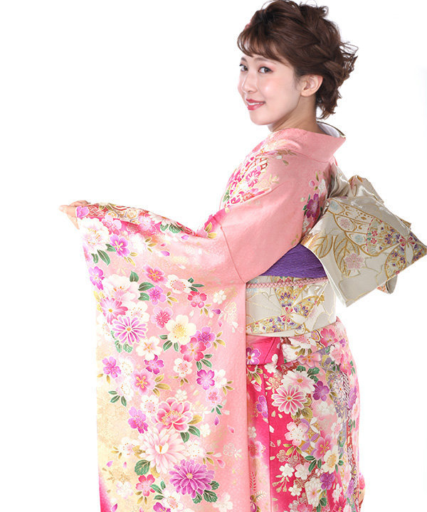 振袖レンタル｜ピンクの熨斗桜｜F0411｜L｜宅配着物レンタル・一式フル
