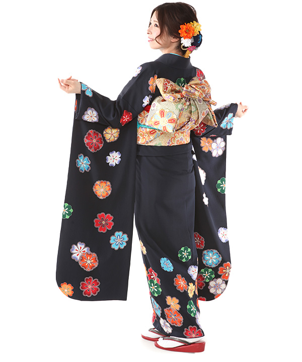 振袖レンタル｜紺に桜｜F0416｜L｜宅配着物レンタル・一式フル