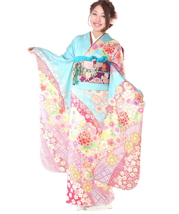 振袖レンタル｜水色にパステル熨斗｜F0417｜L｜宅配着物レンタル・一式