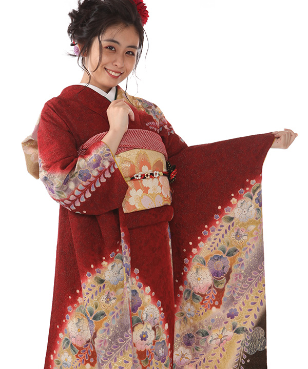振袖レンタル｜茜色に辻が花｜F0430｜M｜宅配着物レンタル・一式