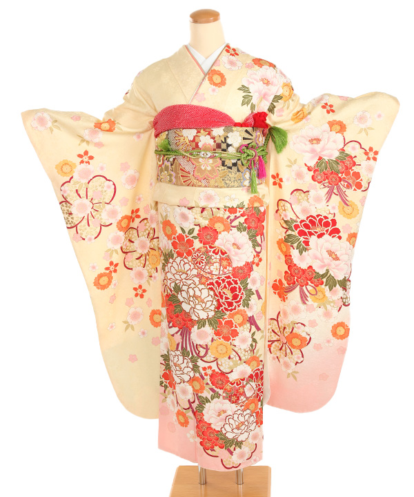 振袖レンタル｜クリームに鞠花紐結び｜F0437｜M｜宅配着物レンタル
