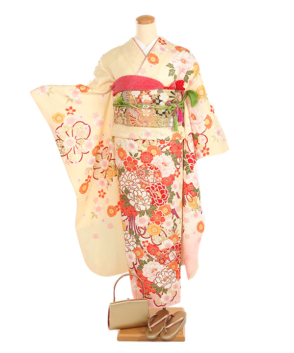 K0838 美品正絹 振袖 レンタル店放出品 ガード加工 花柄 鞠 結び紐7号 振袖レンタル｜クリームに鞠花紐結び｜F0437｜M｜宅配着物