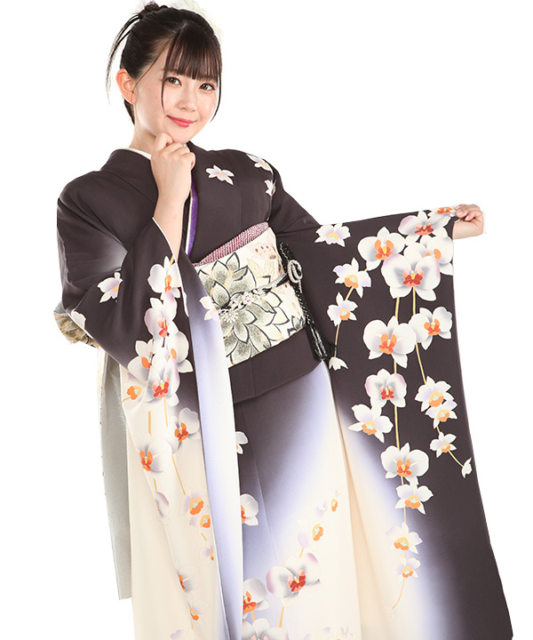 振袖レンタル｜濃色に胡蝶蘭｜F0439｜L｜宅配着物レンタル・一式