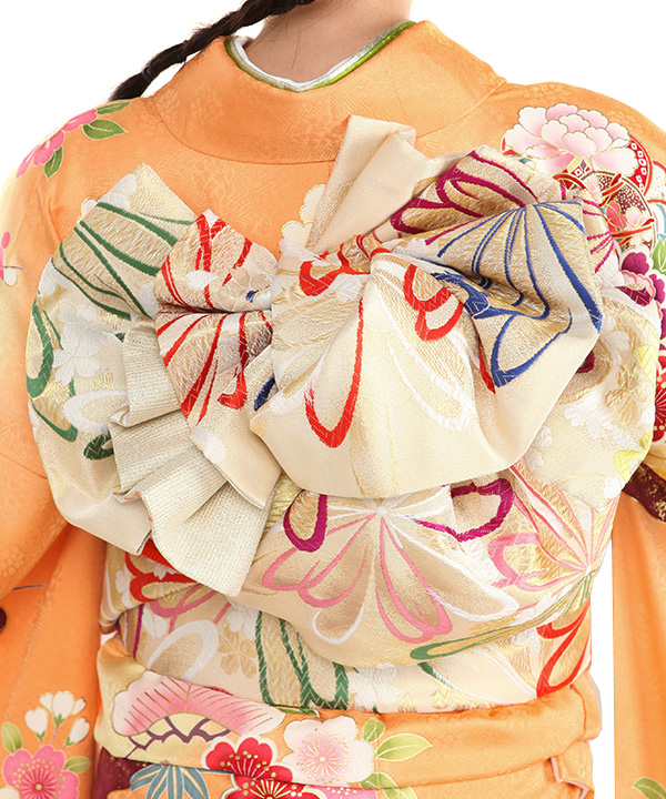 振袖レンタル｜オレンジ地に御所車四季草花｜F0440｜LL｜宅配着物
